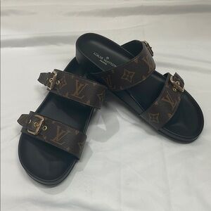 Louis Vuitton Brown Monogram Double-Strap Slide Sandals with Gold Buckles